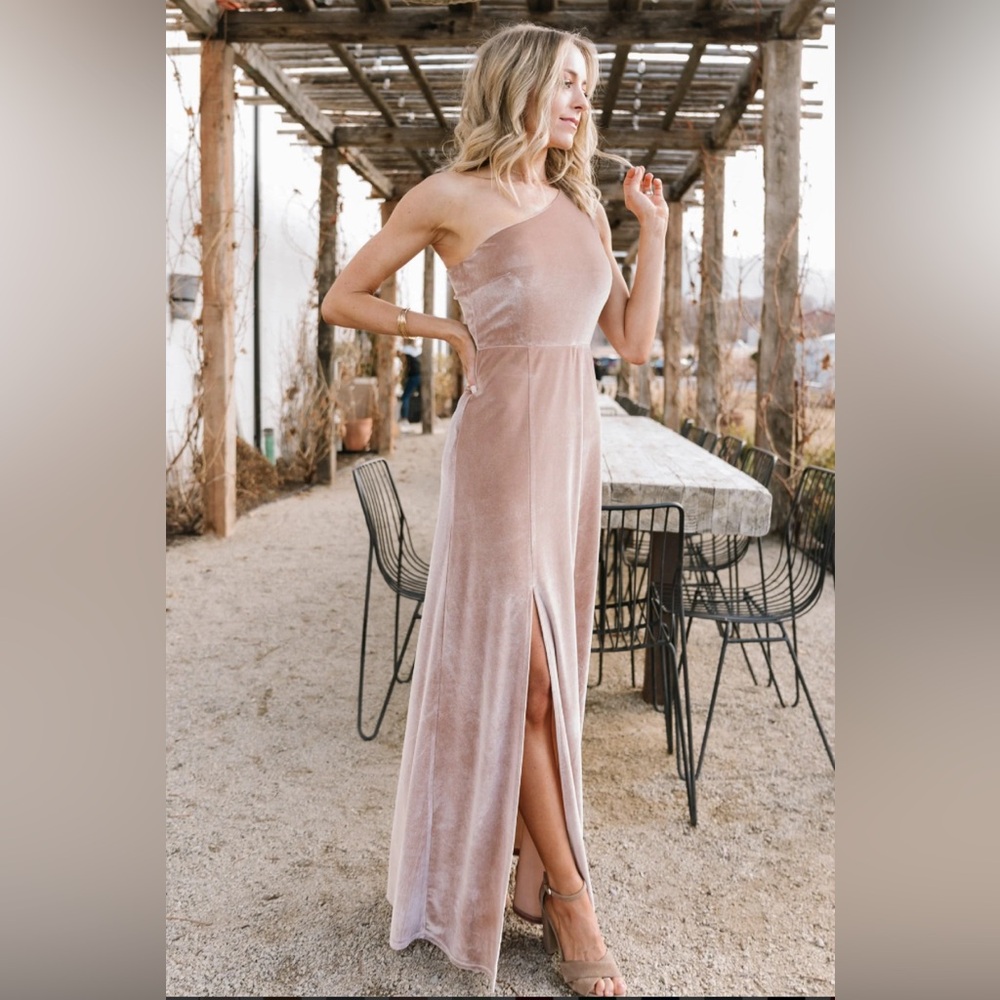Baltic Born Tatiana One-Shoulder Velvet Dress in Champagne